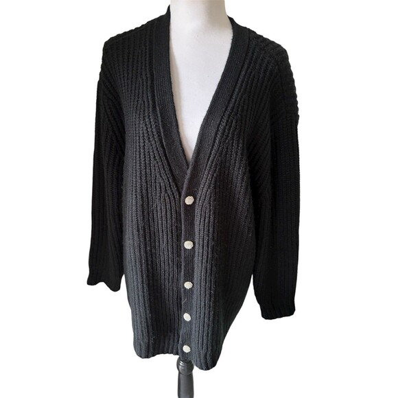 INC Chunky Long Cardigan Black With Rhinestone Buttons Holiday Festive Cozy L - Picture 1 of 7